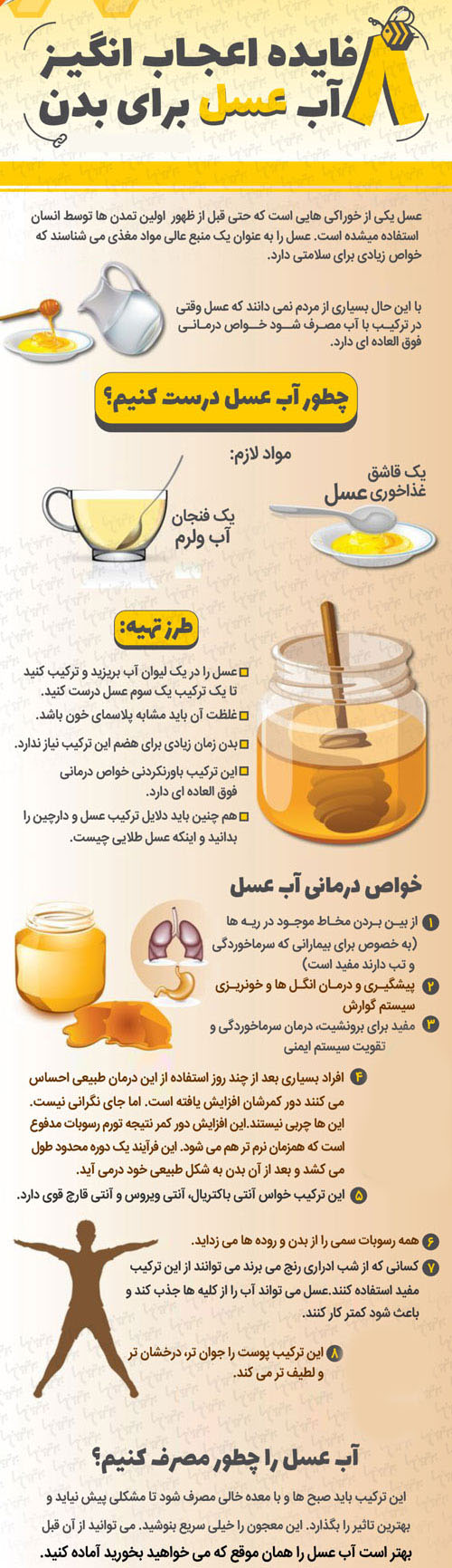 8 معجزه درمانی آب عسل برای بدن +اینفوگرافیک